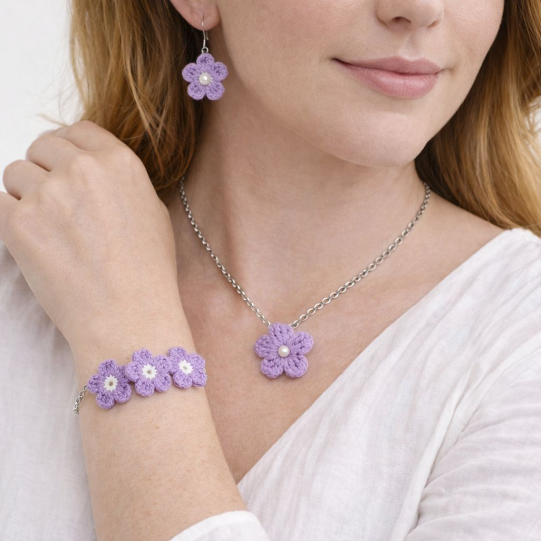 Handcrafted Crochet Flower Jewelry Set – Necklace, Earrings & Bracelet
