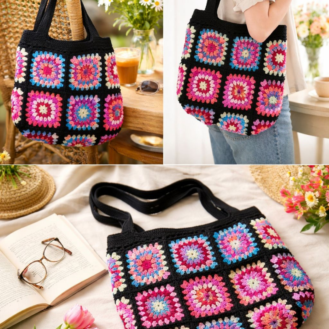 Handmade Crochet Tote Bag | Granny Square Aesthetic Shoulder Bag