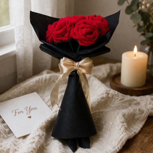Handmade Crochet Rose Bouquet – Knitted Red Flower Gift