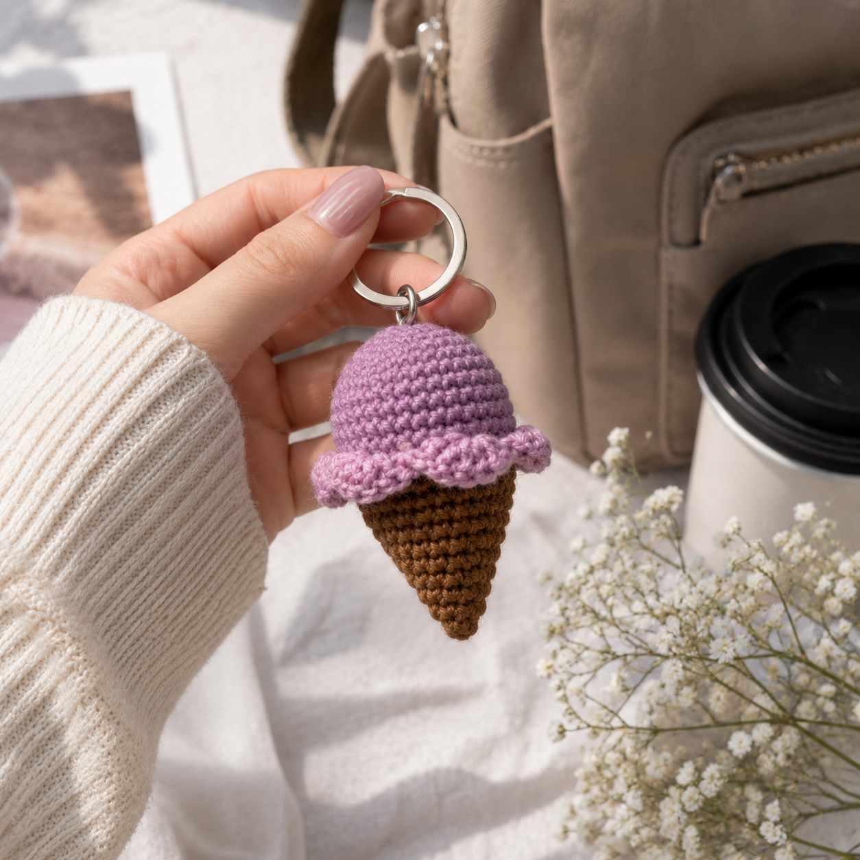 A hand wearing a cream ribbed sweater holds a crocheted ice cream cone keychain. The keychain features a lavender purple scoop of ice cream on a brown waffle cone, attached to a silver metal split ring.