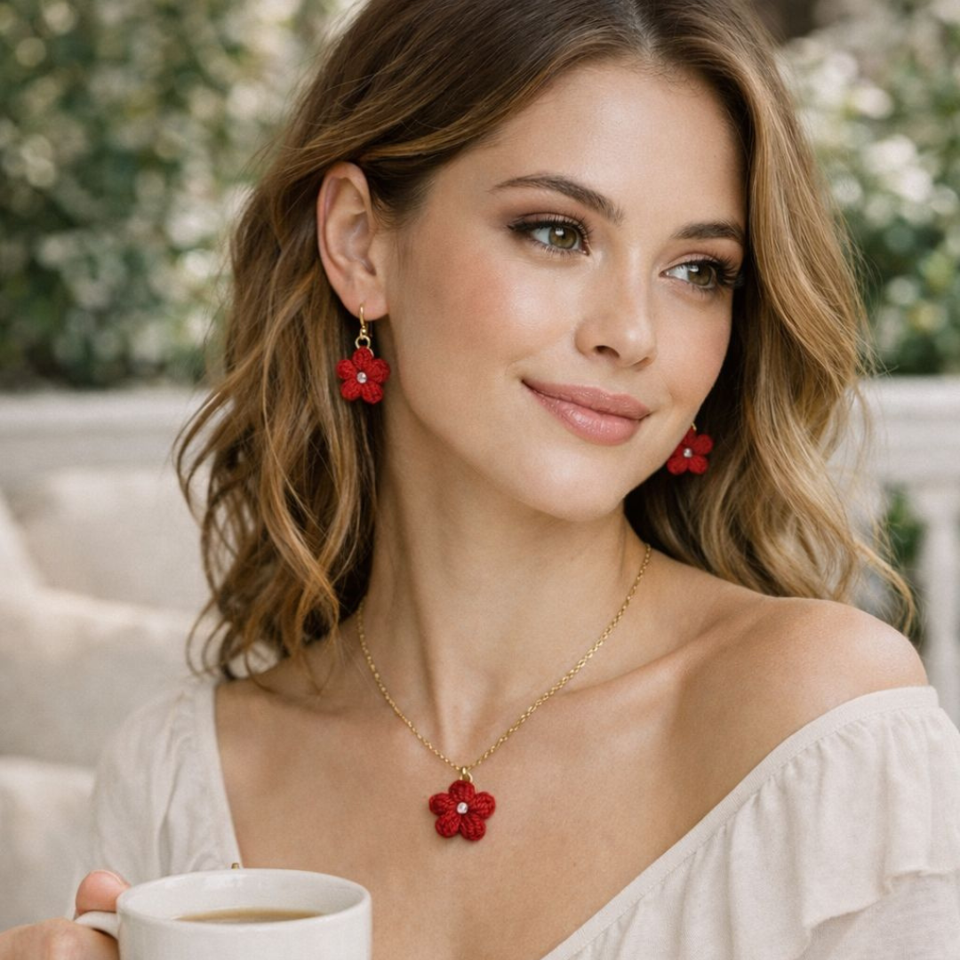 Scarlet Bloom Crochet Jewelry Set – Handmade Floral Necklace & Earrings