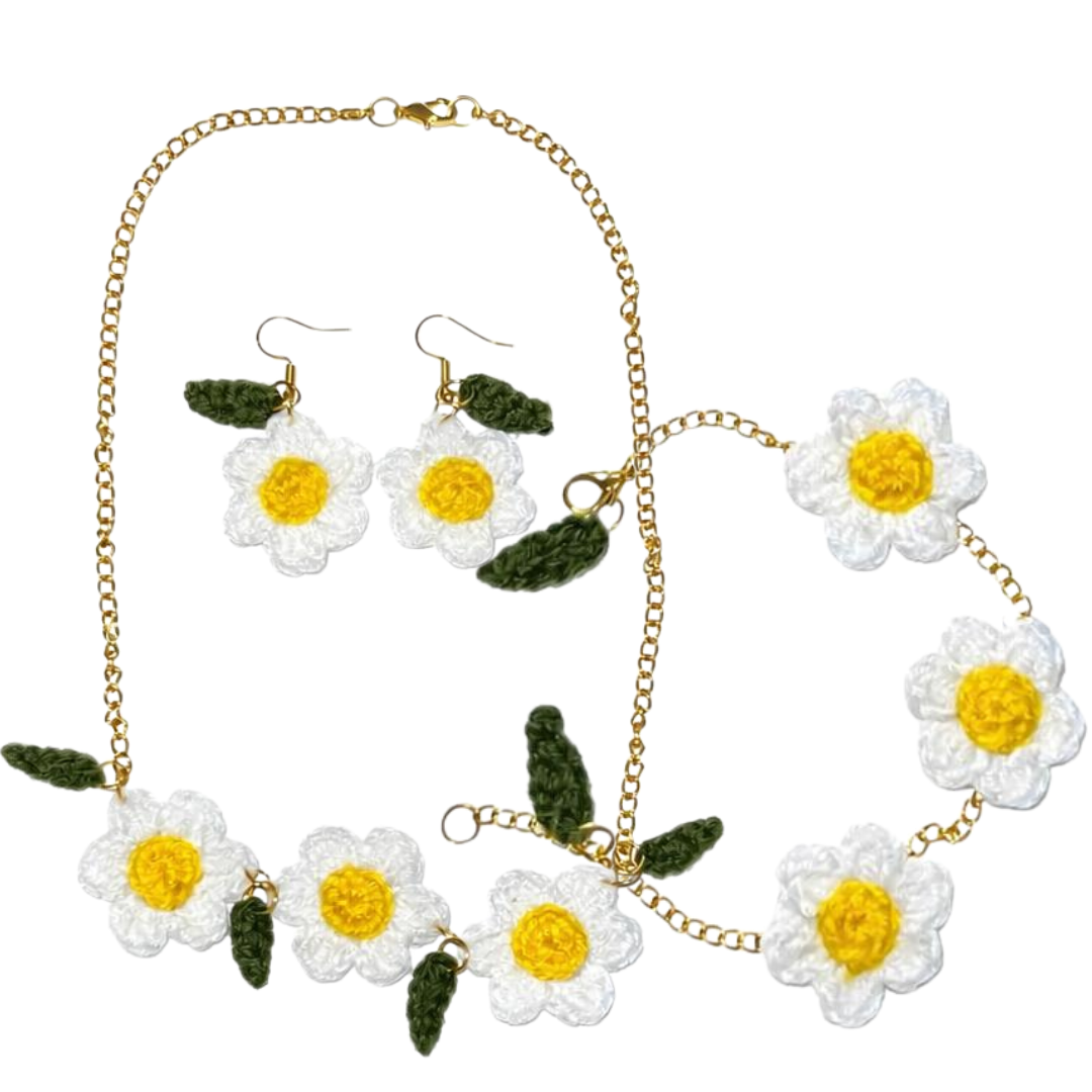 Handcrafted Crochet Flower Jewelry Set – Necklace, Earrings & Bracelet