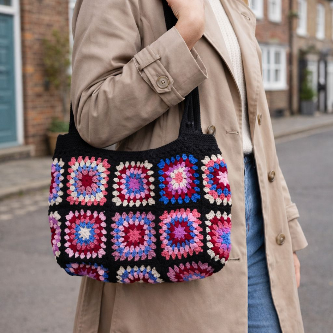 Handmade Crochet Tote Bag | Granny Square Aesthetic Shoulder Bag