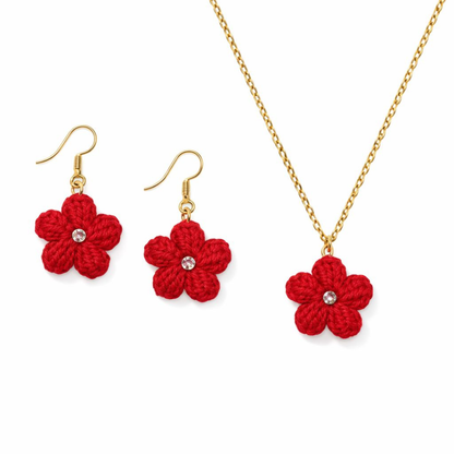 Scarlet Bloom Crochet Jewelry Set – Handmade Floral Necklace & Earrings