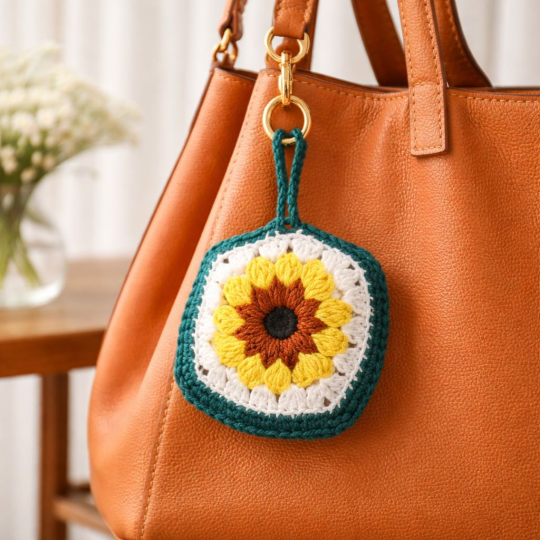 Handmade Crochet Sunflower Pouch | Cute Bag Charm & AirPods Holder