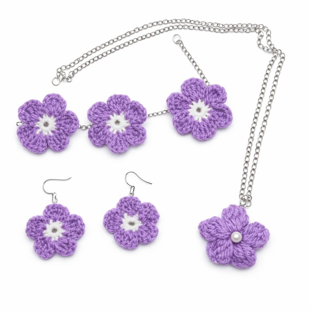 Handcrafted Crochet Flower Jewelry Set – Necklace, Earrings & Bracelet
