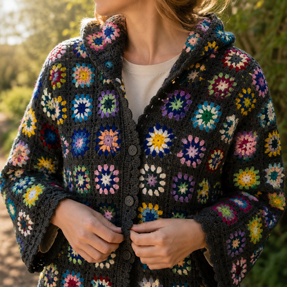 A woman wearing a dark charcoal gray crocheted cardigan with colorful granny square motifs, featuring a button-up front and a soft hood, photographed outdoors in warm natural light.