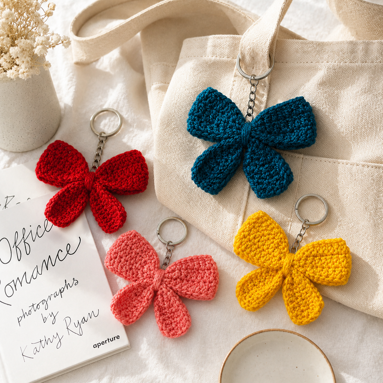Four crocheted butterfly-shaped keychains in red, coral pink, yellow, and teal blue, arranged on a cream canvas tote bag with a cream notebook and small decorative props.