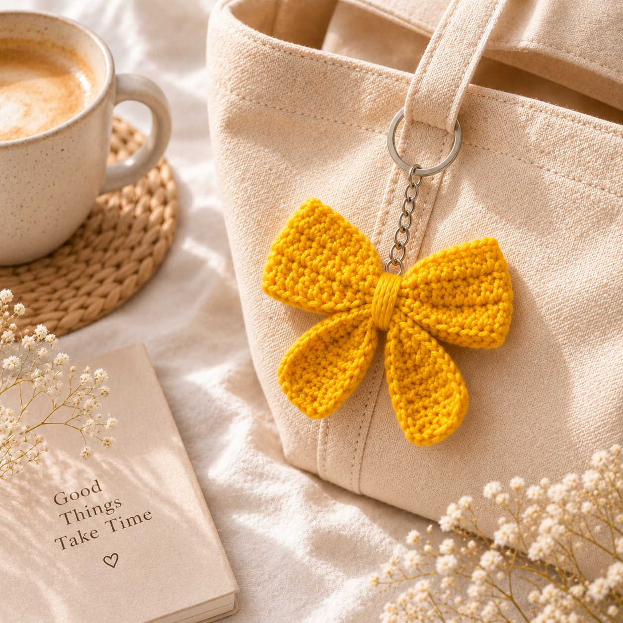 A beige canvas tote bag with a bright yellow crocheted bow keychain hanging from a metal ring, styled on a cream fabric surface with a coffee cup, book, and small white flowers.