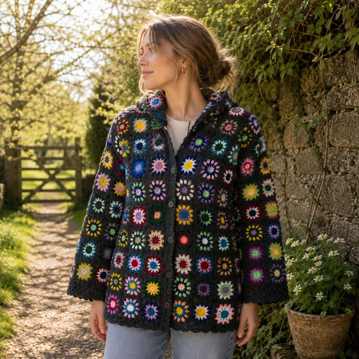 A woman wearing a black crocheted cardigan with colorful granny square patterns, standing outdoors on a stone path next to a stone wall.