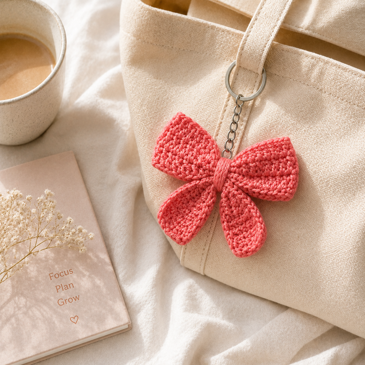 A cream canvas tote bag with a bright pink crocheted bow keychain attached, styled on a beige fabric surface next to a cup of coffee and a notebook.