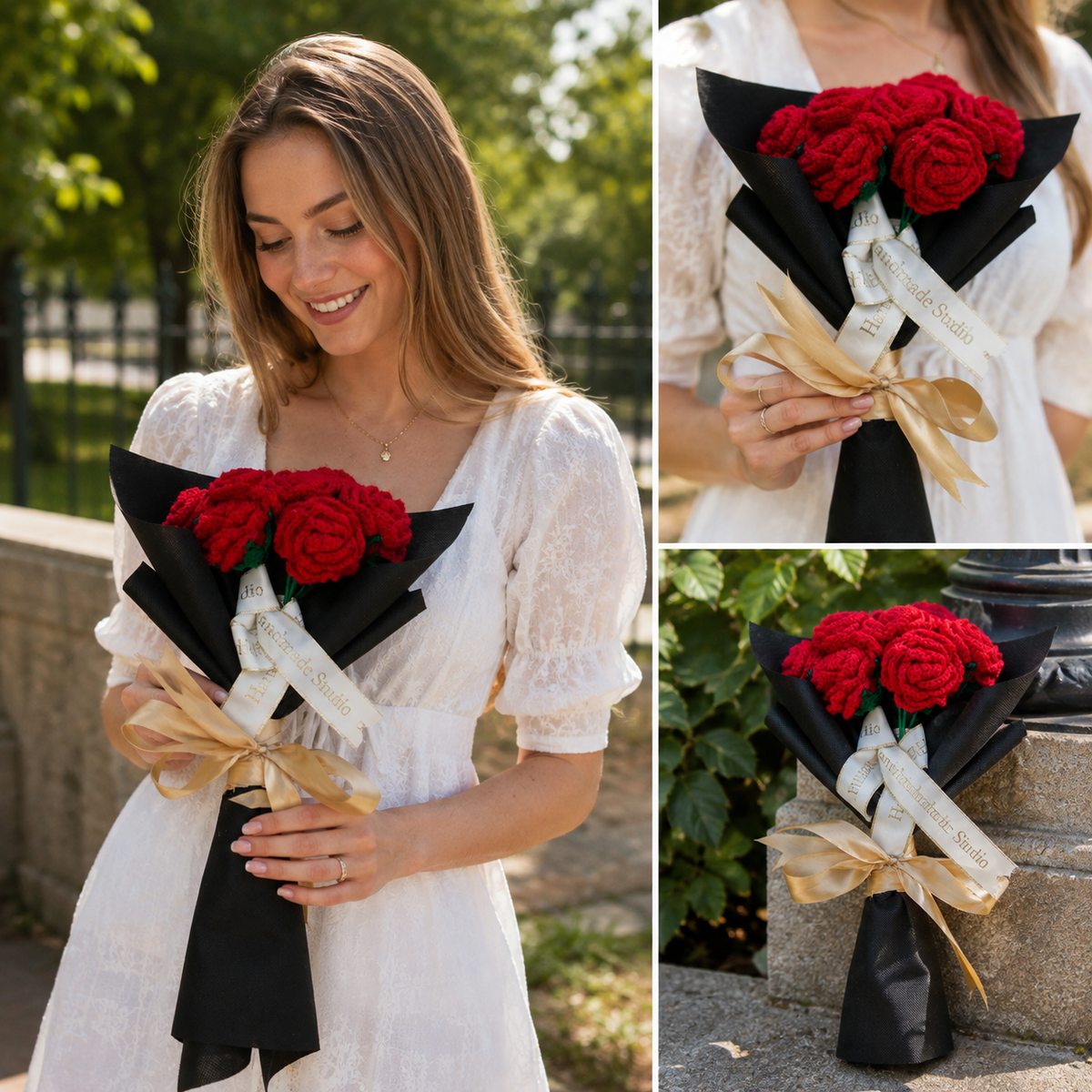 Handmade Crochet Rose Bouquet – Knitted Red Flower Gift